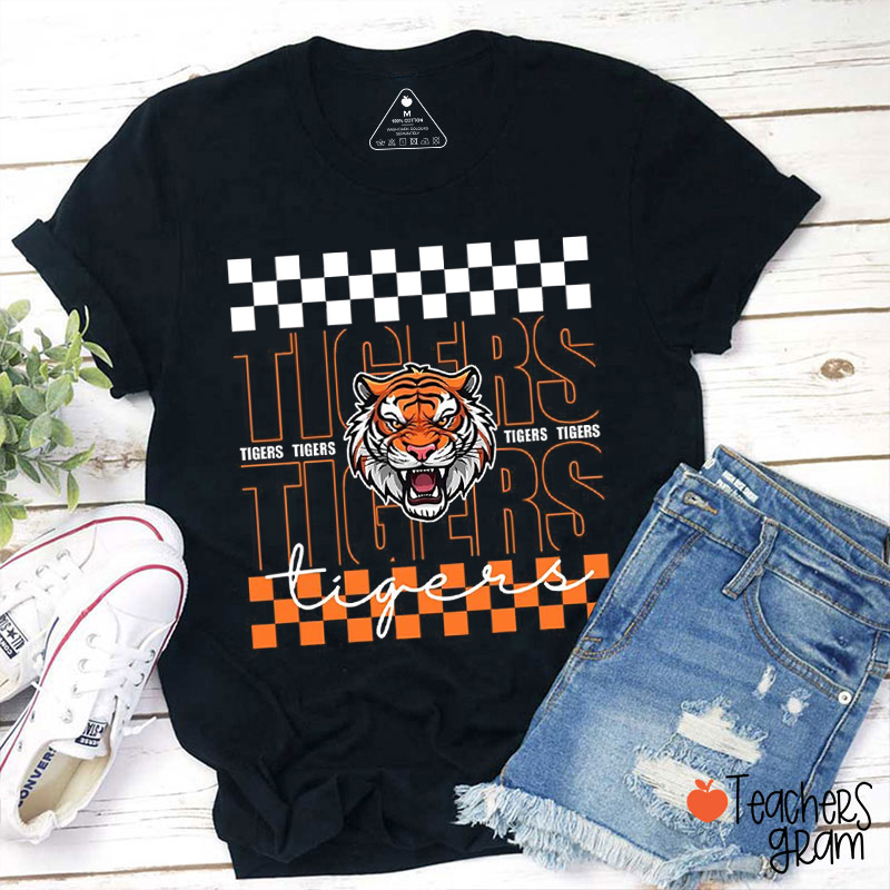 Personalized Mascot Checkered Bold School Spirit Teacher T-Shirt