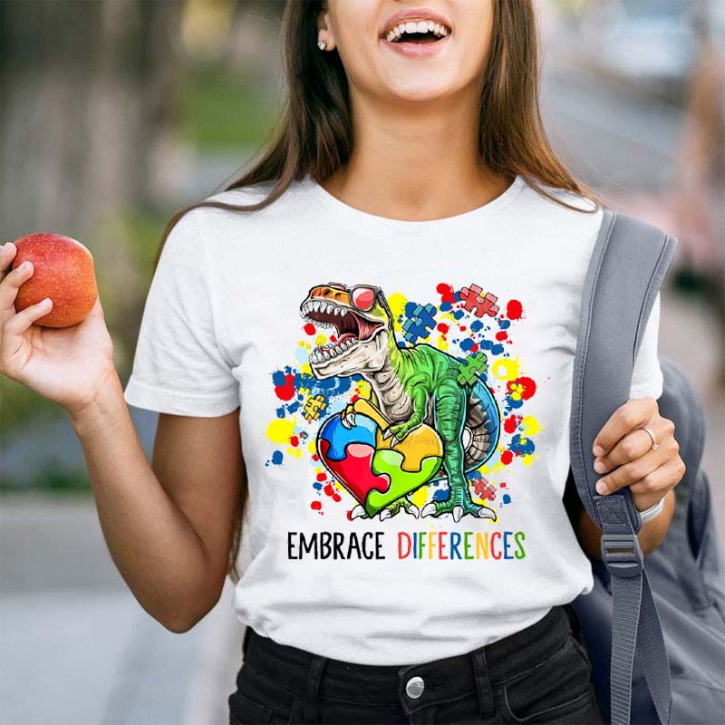 Embrace Differences Autism Dinosaur Teacher T-Shirt