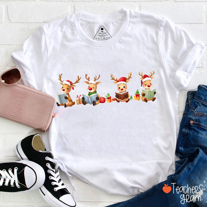 Reindeer Reading Christmas Teacher T-Shirt