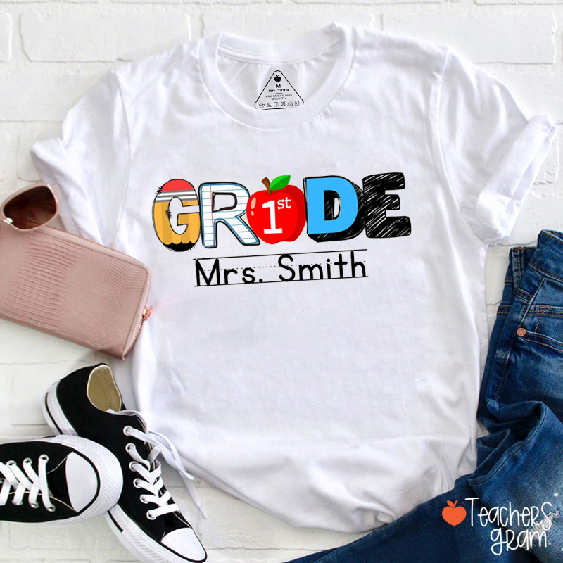 Personalized Grade Apple Pencil First Day Teacher T-Shirt