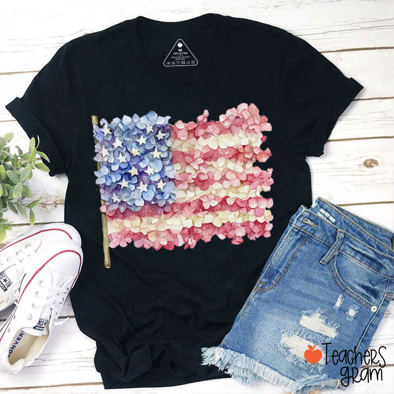 American Flag Floral Teacher T-Shirt
