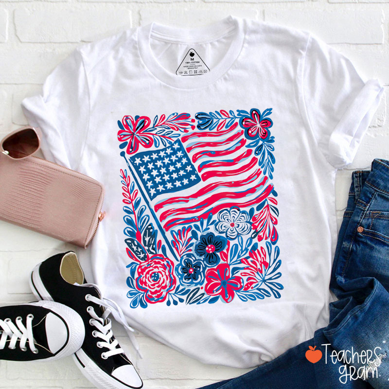 American Flag Flowers Teacher T-Shirt