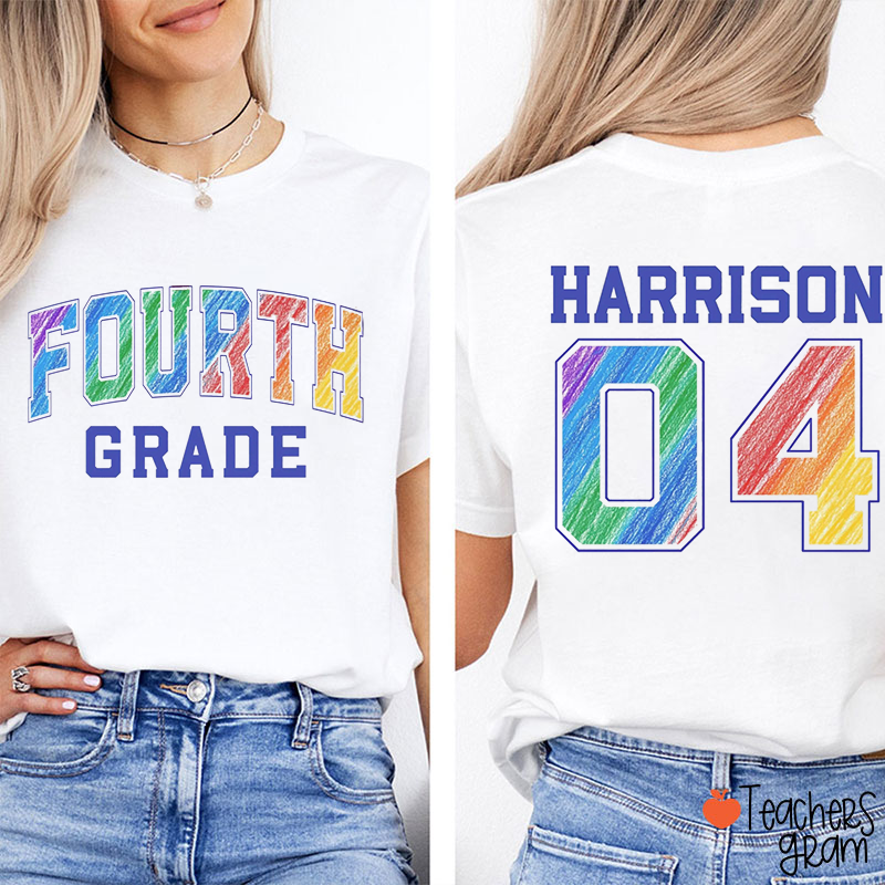 Personalized Grade Hand Painted Style Number Teacher Two Sided T-Shirt