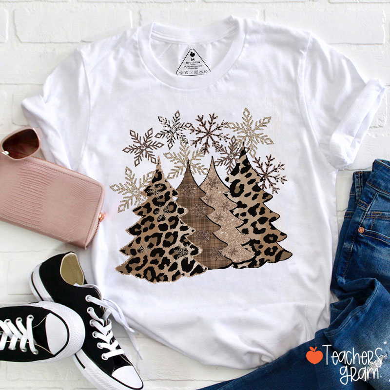 Brown Leopard Print Snowflake Christmas Tree Teacher T-Shirt