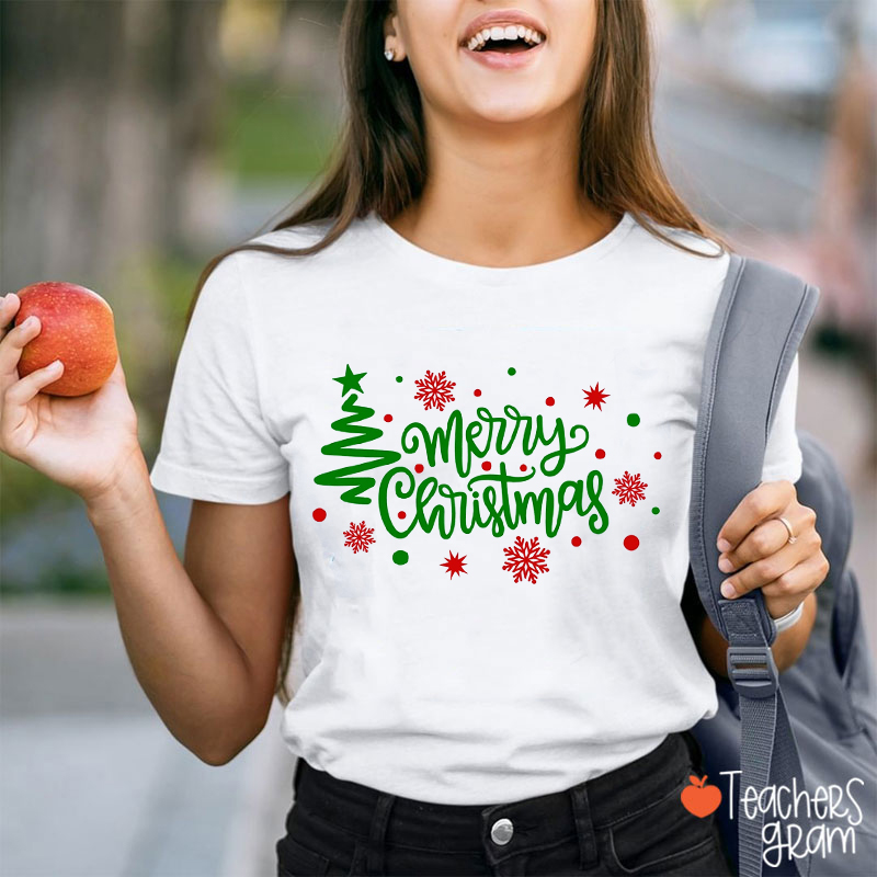 Merry Christmas Snowflakes And Tree Teacher T-Shirt