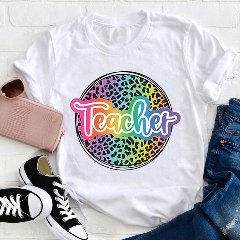 Personalized Text Gradient Leopard Print Teacher T-Shirt
