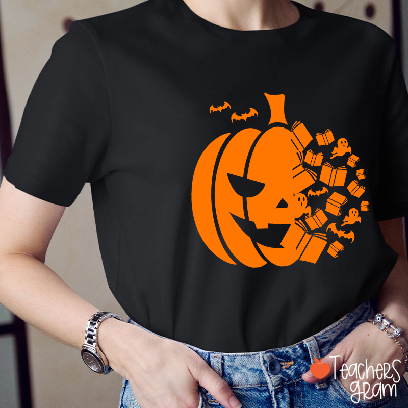 Scary Pumpkin Ghost Bat Halloween Teacher T-Shirt