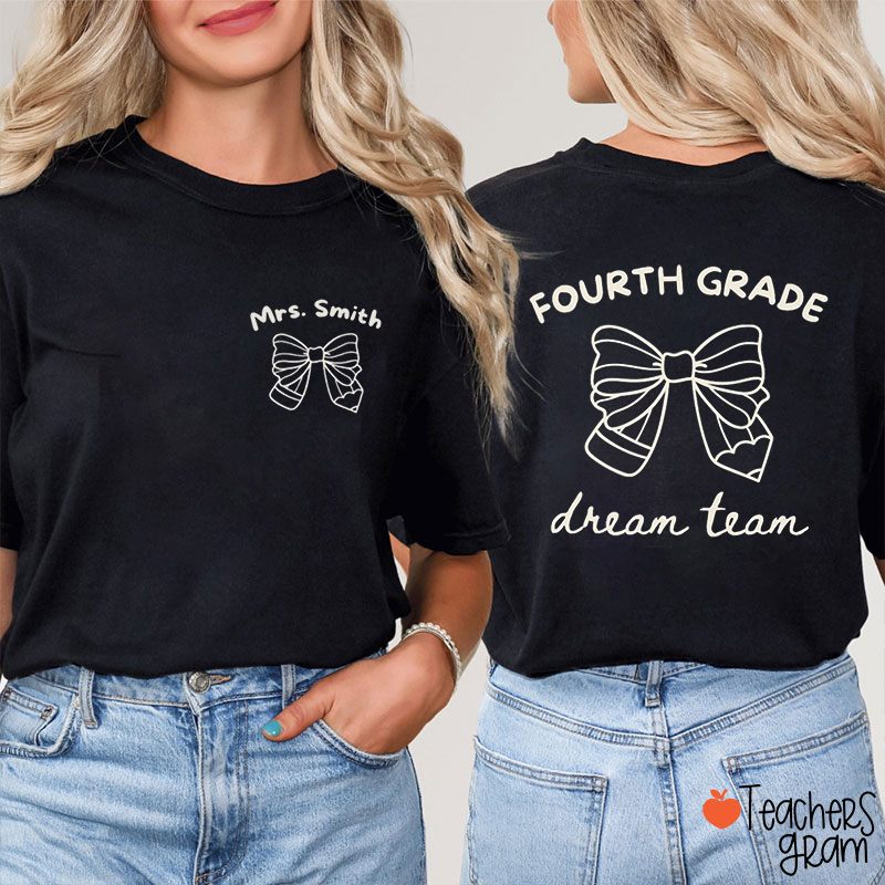 Personalized Grade Name Bow Pencil Single Line Teacher Two Sided T-Shirt