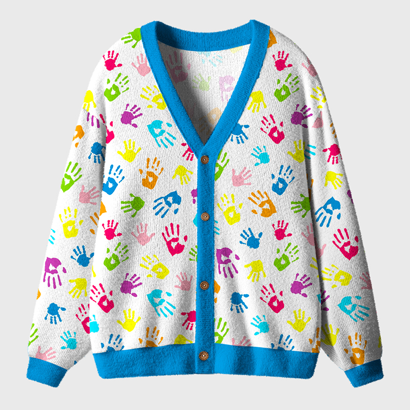 Colorful Hand Shapes Rainbow Autism Awareness Teacher Ugly Cardigan Sweaters