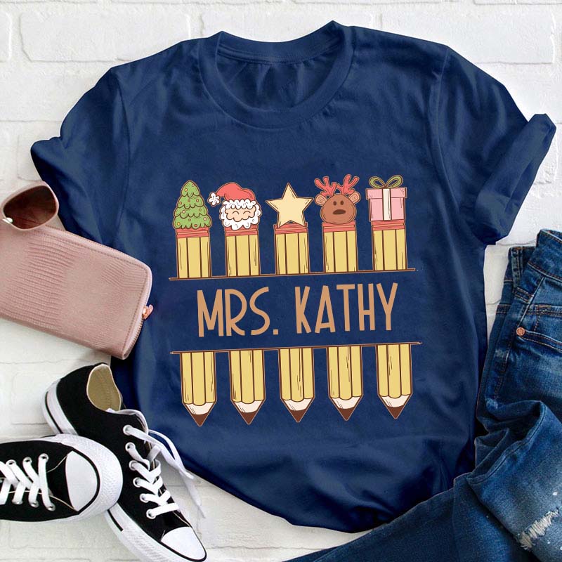 Personalized Name Christmas Pencils Teacher T-Shirt
