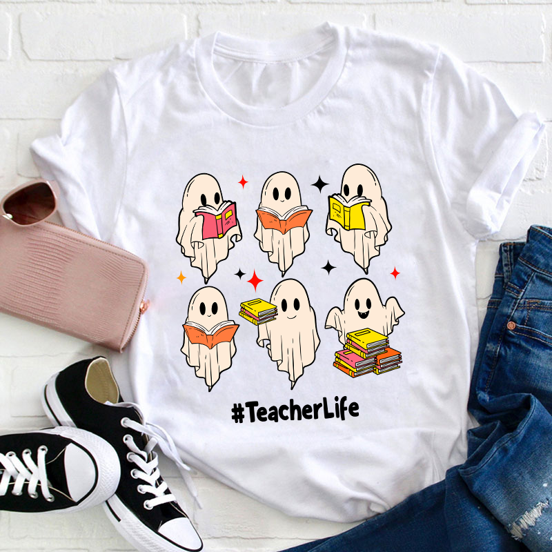 Cute Ghosts Read Books Teacher T-Shirt