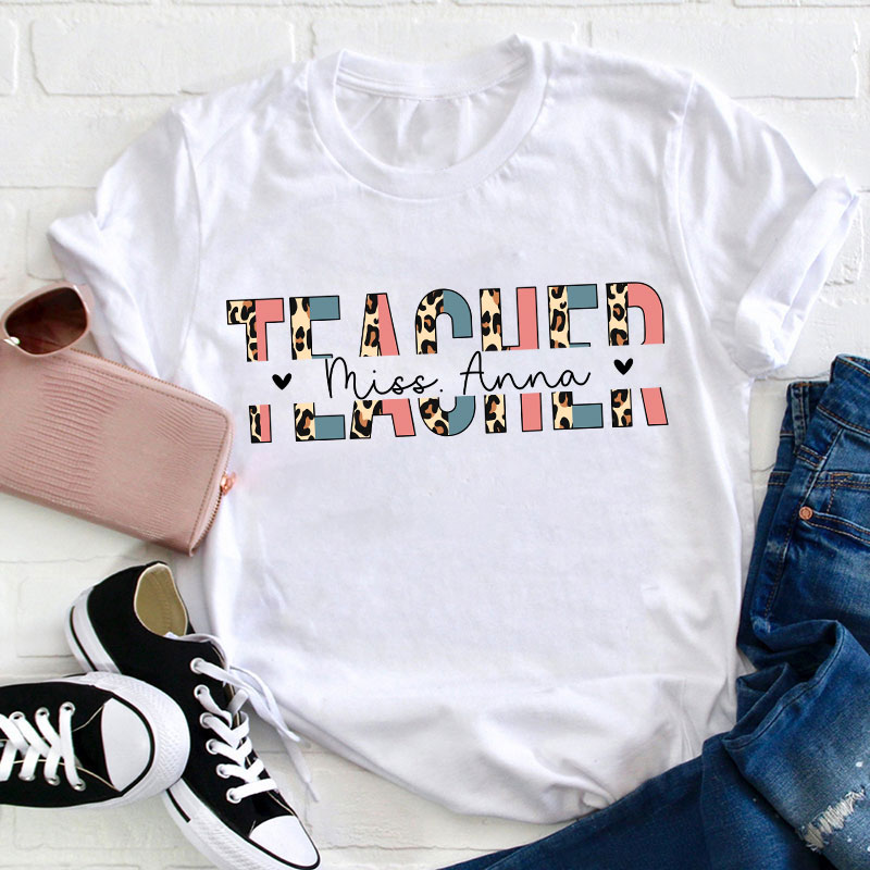 Personalized Name Leopard Graphic Teacher T-Shirt