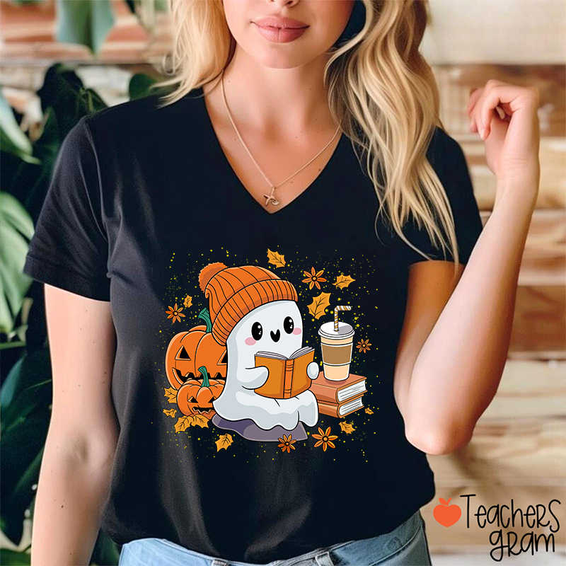 Reading Ghost Pumpkin Halloween Teacher  Female V-Neck T-Shirt