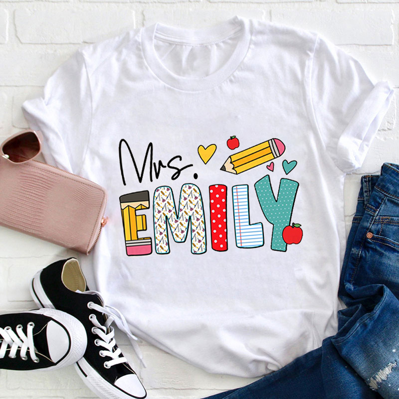 Personalized Teacher's Name Cute Pencil Icon Teacher T-Shirt