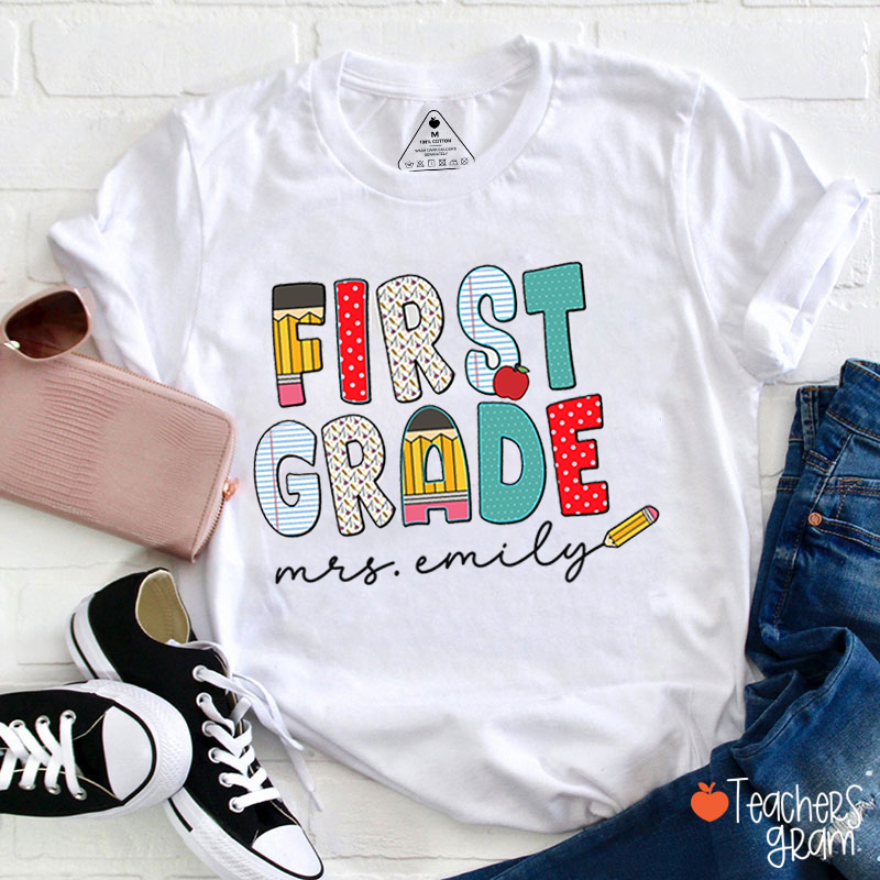 Personalized Grade Pencil Apple Fonts Teacher T-Shirt