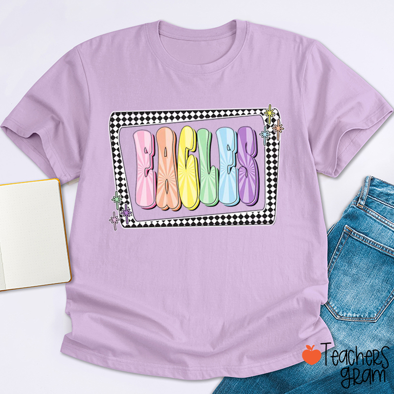 Personalized Mascot Pastels Checkerboard Teacher T-Shirt