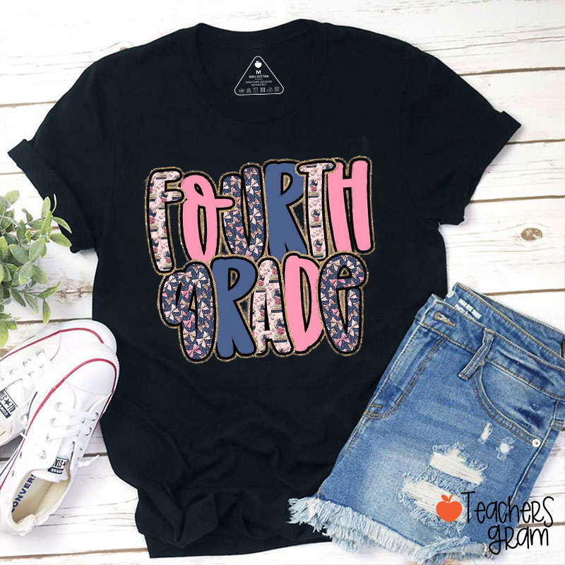 Personalized Grade Bow Heart Print Fonts Teacher T-Shirt