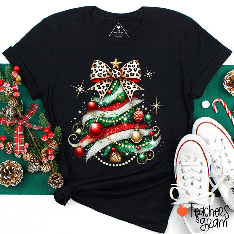 Leopard Bow Christmas Tree Teacher T-Shirt