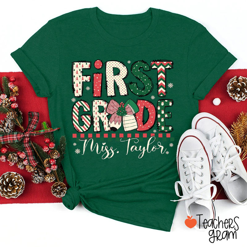 Personalized Grade And Name Checkered Christmas Teacher T-Shirt