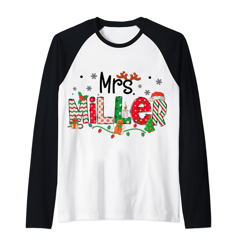 Personalized Teacher Name Christmas Teacher Raglan Long Sleeve T-Shirt