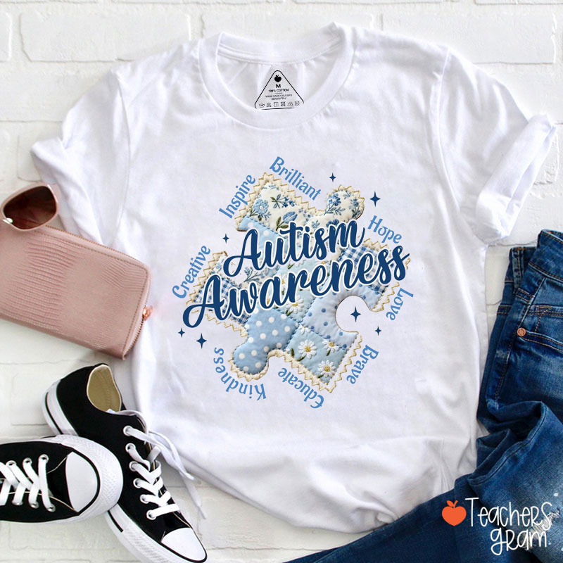 Faux Patchwork Inclusion Autism Puzzle Teacher T-Shirt