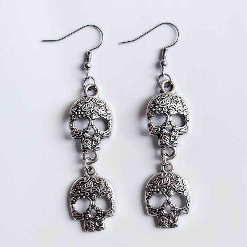 Black Rose Silver Skull Teacher Metal Earrings