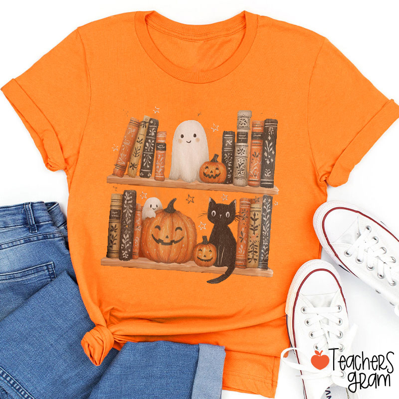Ghost Black Cat Bookshelf Teacher T-Shirt