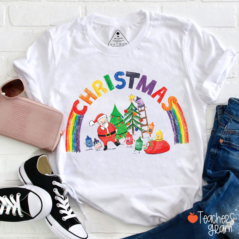Rainbow Crayon Merry Christmas Teacher T-Shirt
