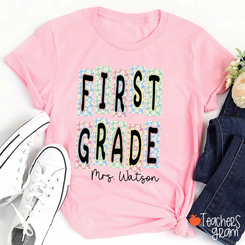 Personalized Grade Name Flower Rectangle Teacher T-Shirt