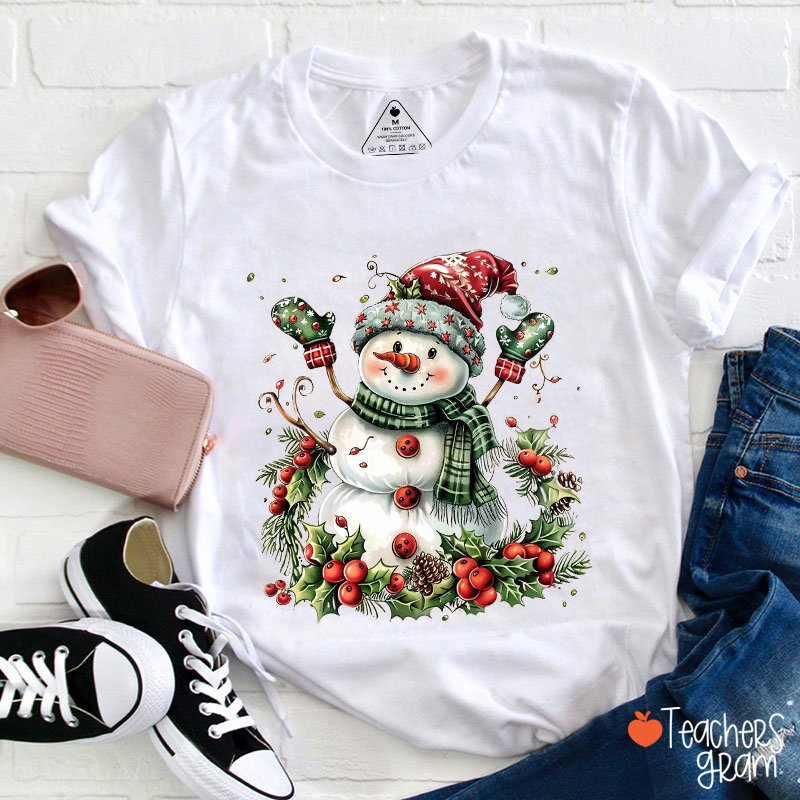 Snowman Holly Merry Christmas Teacher T-Shirt