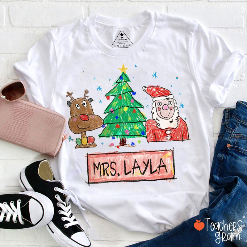 Personalized Name Santa Claus Reindeer Simple Strokes Teacher T-Shirt