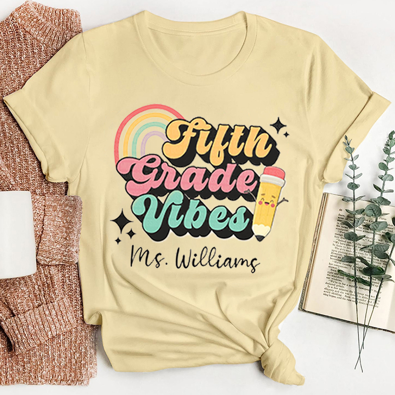Personalized Teacher's Name And Grade Pencil Rainbow Icon Teacher T-Shirt
