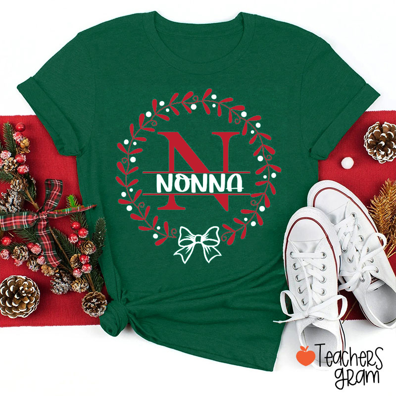 Personalized Name Christmas Wreath With Bow Teacher T-Shirt