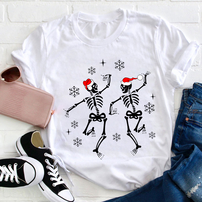 Dancing Skeleton With Santa Hat Teacher T-Shirt