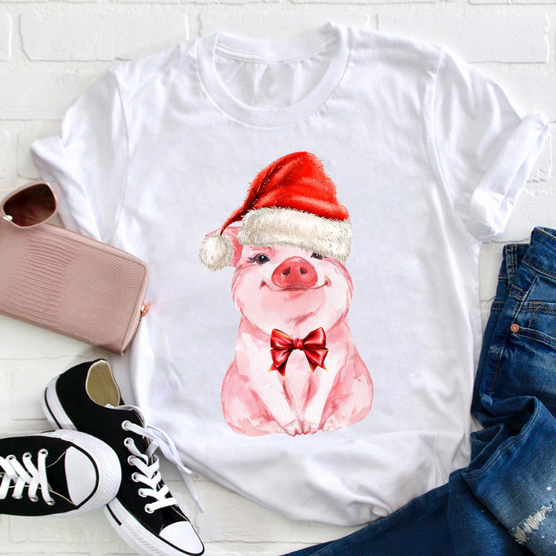 Cute Pig Wearing Christmas Hat Teacher T-Shirt