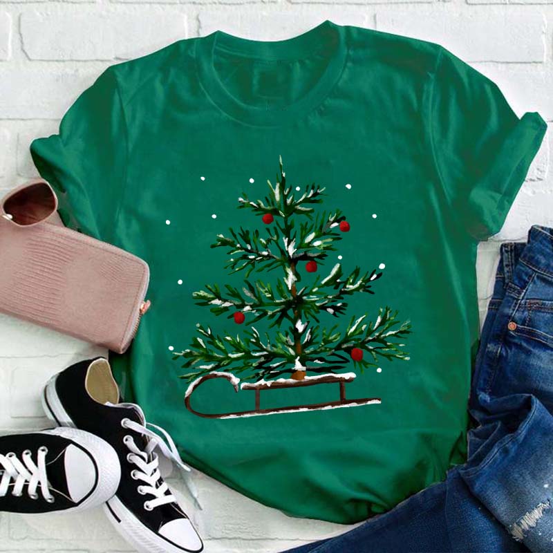 Christmas Tree Sleigh Teacher T-Shirt