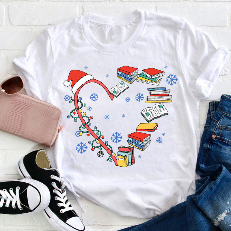 Book Heart Christmas Lights Teacher T-Shirt