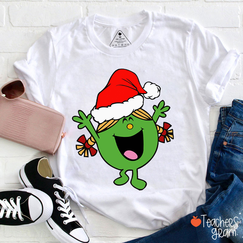 Little Miss With Santa Hat Christmas Teacher T-Shirt