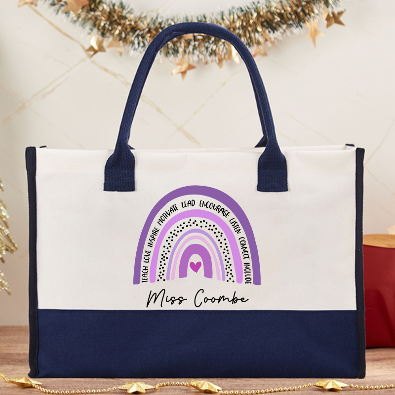 Personalized Purple Rainbow Teacher Cotton Tote Bag