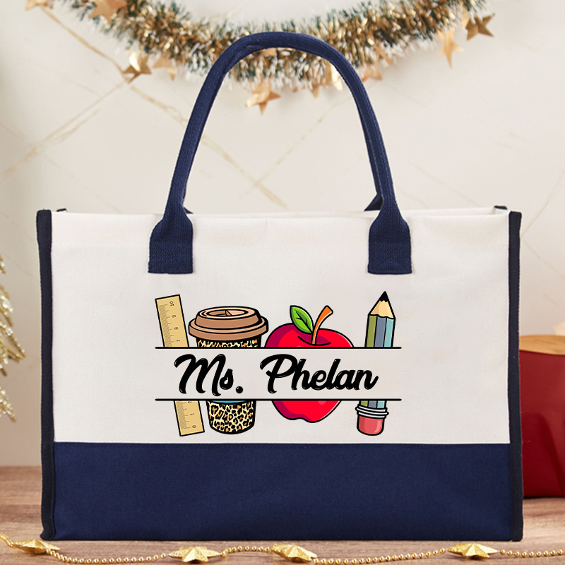 Personalized Pencil Ruler Teacher Name Teacher Cotton Tote Bag