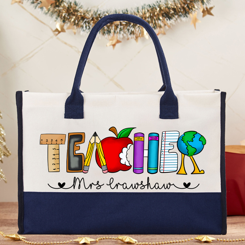 Personalized Name Cartoon Stationery Teacher Alphabet Teacher Cotton Tote Bag