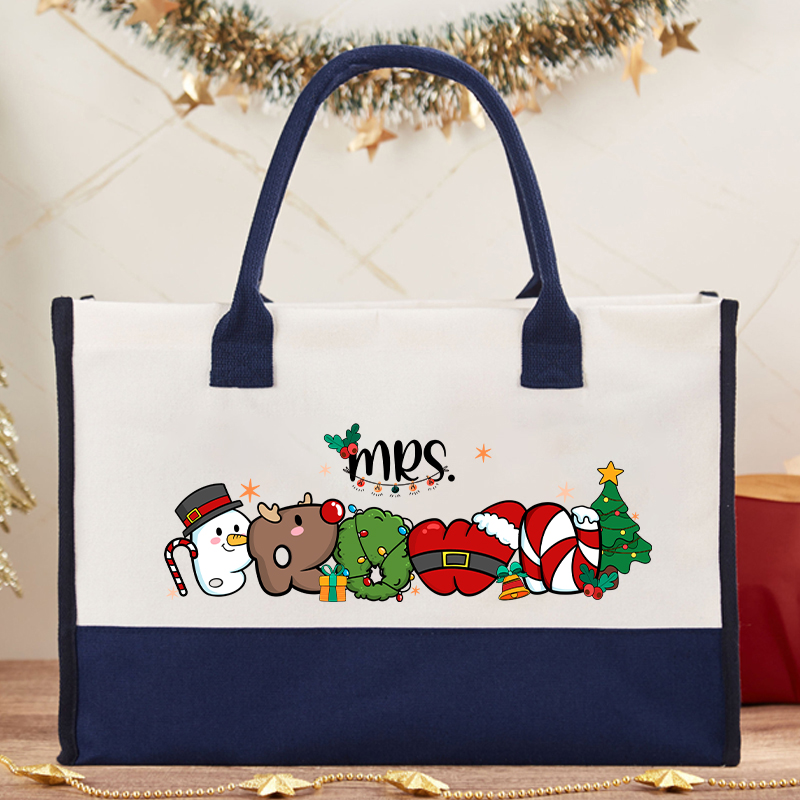Personalized Name Merry Christmas Teacher Cotton Tote Bag