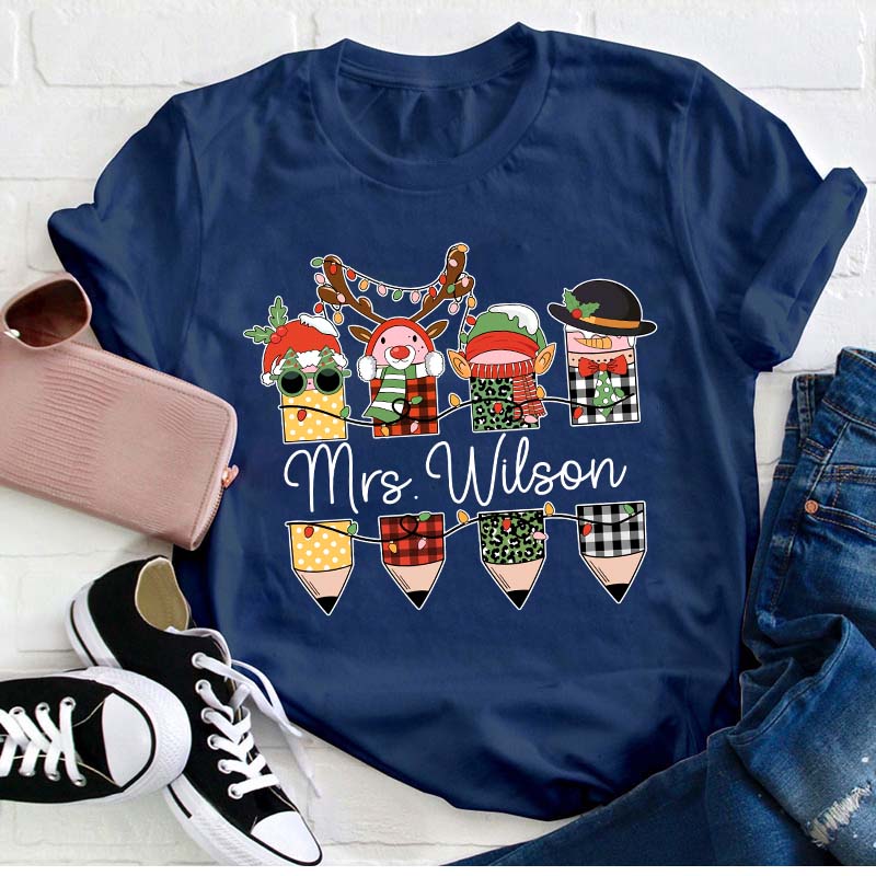 Personalized Name Cute Christmas Pencils Teacher T-Shirt