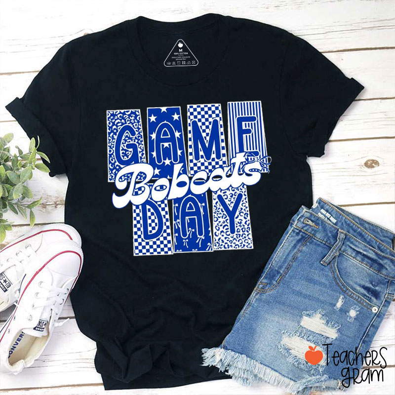 Personalized Leopard Checkerboard Star Bow Mixed Pattern Game Day Teacher T-Shirt