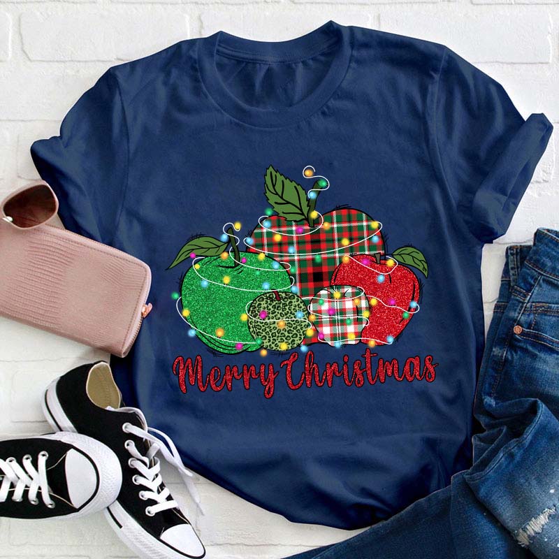 Christmas Apples Surrounded By Lights Teacher T-Shirt