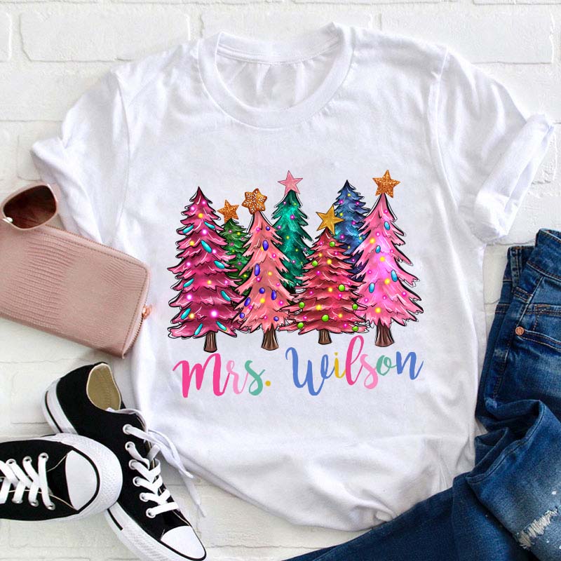 Personalized Name Colorful Christmas Trees Teacher T-Shirt