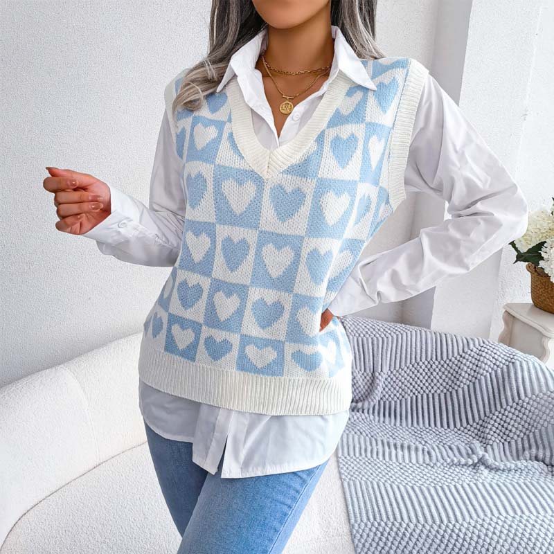 Heart Checker Pattern Sweater Vest