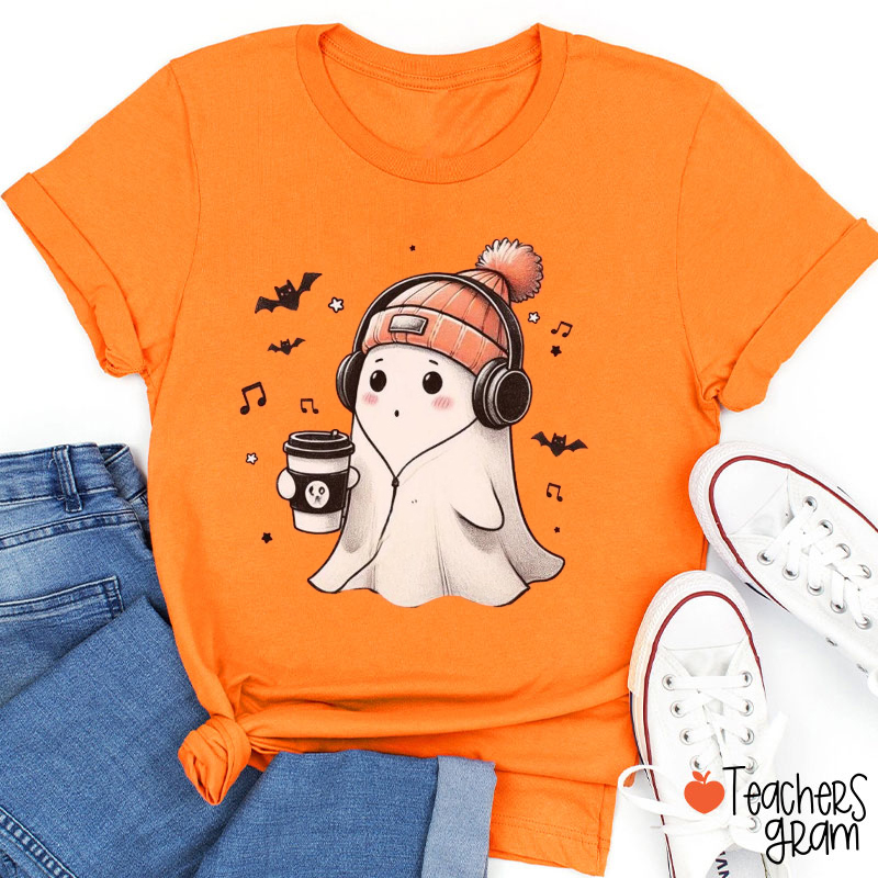Halloween Ghost Listening To Music Teacher T-Shirt