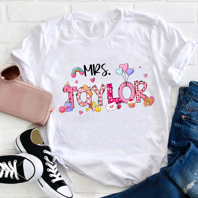 Personalized Pink Love Valentine Teacher T-Shirt