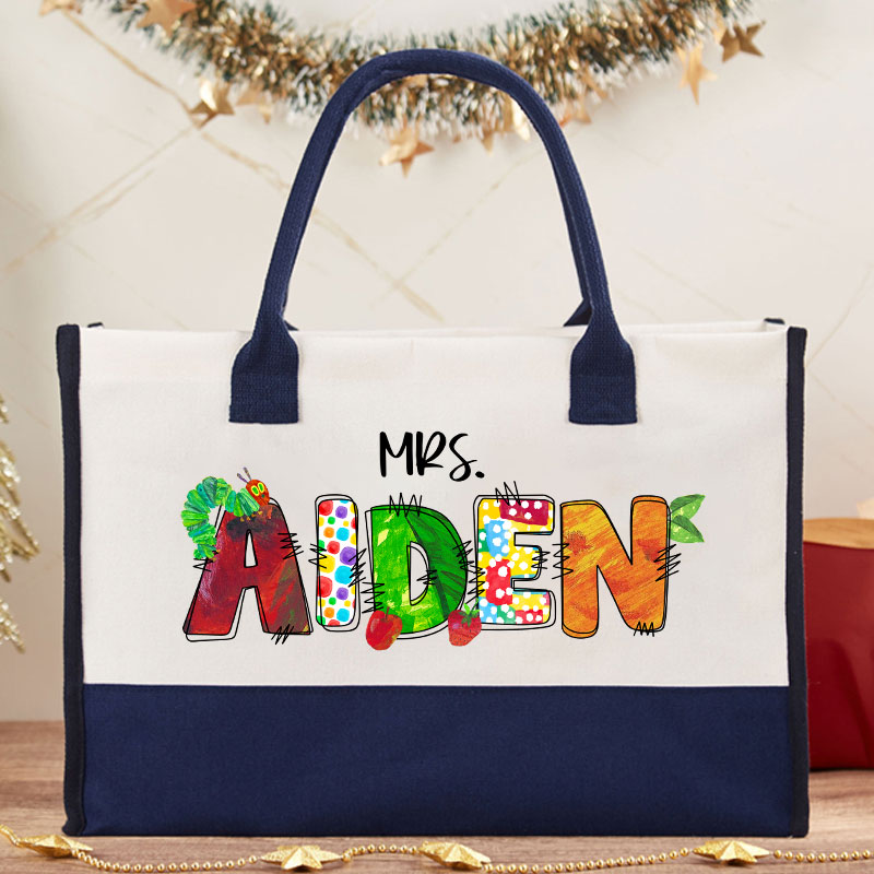 Personalized Name Caterpillar Apple Teacher Cotton Tote Bag